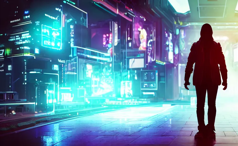 Image similar to a 3 d render of a person standing in the metaverse, cyberpunk with lights and electricity and neon, bokeh, canon 5 0 mm, cinematic lighting, volumetric light, octane, octane render, redshift render