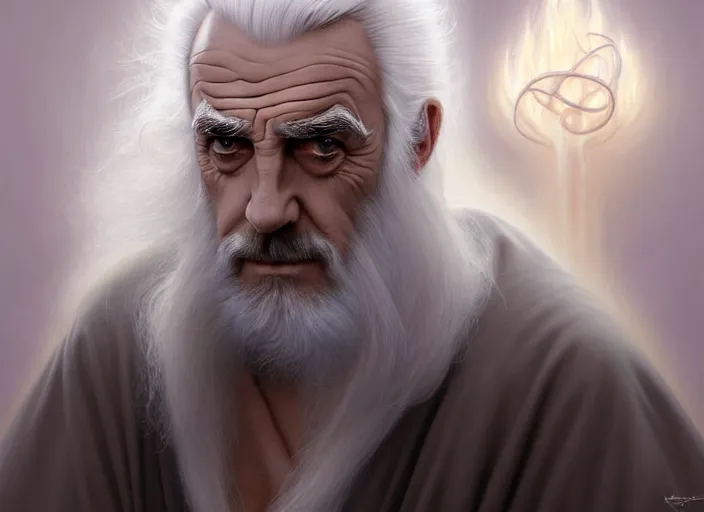 Image similar to white haired sean connery as a monk with long beard, robes, intricate, elegant, highly detailed, centered, digital painting, artstation, concept art, smooth, sharp focus, illustration, artgerm, tomasz alen kopera, peter mohrbacher, donato giancola, joseph christian leyendecker, wlop, frank frazetta