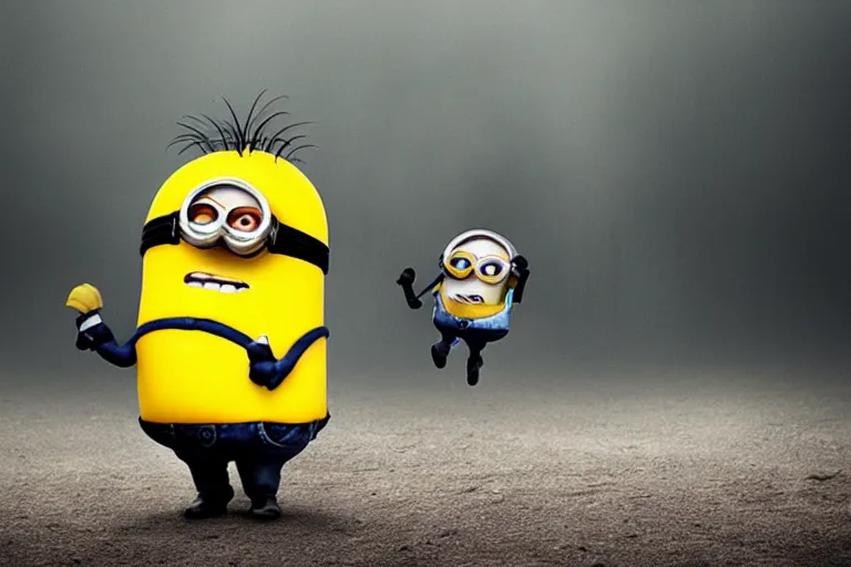 Prompt: a guy grabbing a dead body of a minion, fog, mid night, scary, horror, real life