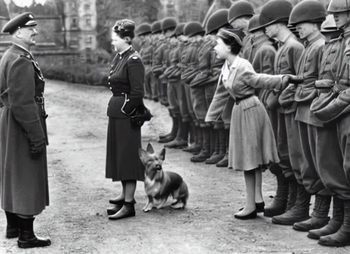 Prompt: ultra wide 1 9 4 6 historical far away photo a german general surrendering to young queen elizabeth, her corgis are nearby highly detailed