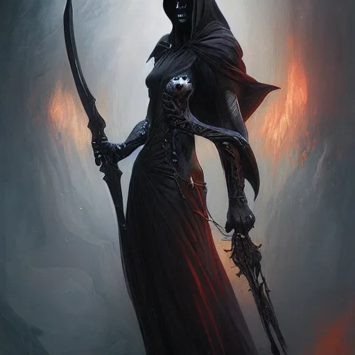 Prompt: the grim reaper, dark fantasy, intricate, elegant, highly detailed, digital painting, artstation, concept art, wallpaper, smooth, sharp focus, illustration, art by artgerm and greg rutkowski and alphonse mucha