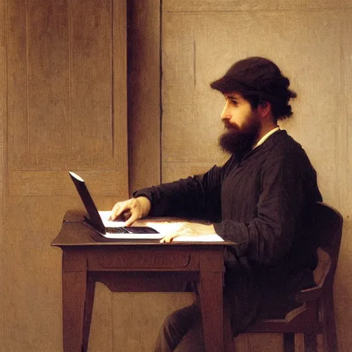 Image similar to an oil painting of an man playing a laptop, by Bouguereau, highly detailed and intricate,