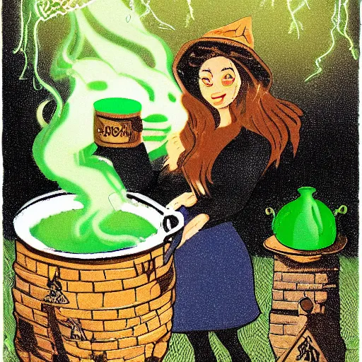 Image similar to teen witch mixing a spell in a cauldron, an owl is standing on the table, wispy smoke, witch hat, cinematic, green glowing smoke is coming out of the cauldron, ingredients on the table, unorganized apothecary shelves in the background