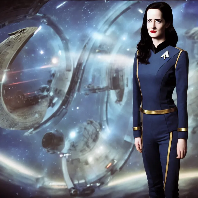 Image similar to a full body photograph of 3 0 year old eva green as a star fleet officer from star trek next generation, ultra rendered, extreme realism and detail, 8 k, highly detailed, realistic, completely framed, hyper realistic, colorful, direct lighting, 3 5 mm photo, photorealistic, sharp focus