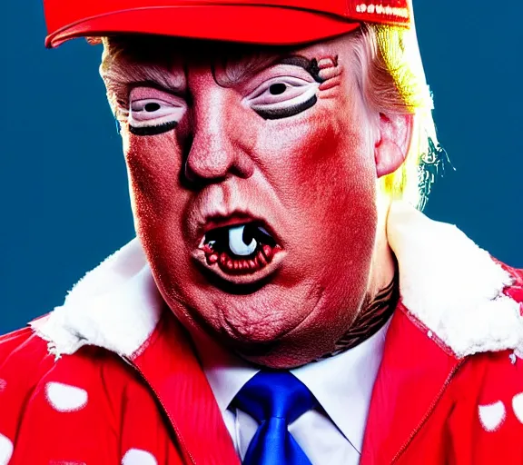 Image similar to color photo still of donald trump lead singer music group insane clown posse icp, live performance, face closeup detailed