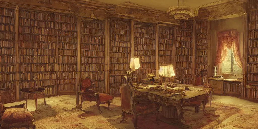 Prompt: photo of a mansion library room. cozy. trending on artstation. cgsociety. art by greg rutkowski and moebius.