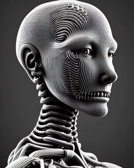 Image similar to raw bw 3 d render biomechanical intricate spinal ribbed exotic alien organic body detail of mechanical female cyborg, beautiful insanely detailed, digital art, octane render, 8 k artistic photography, photorealistic