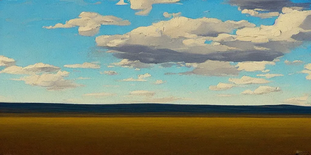 Prompt: “a painting titled In the Steppe near Samara, in the style of Isaac Levitan, midday, sparse clouds”