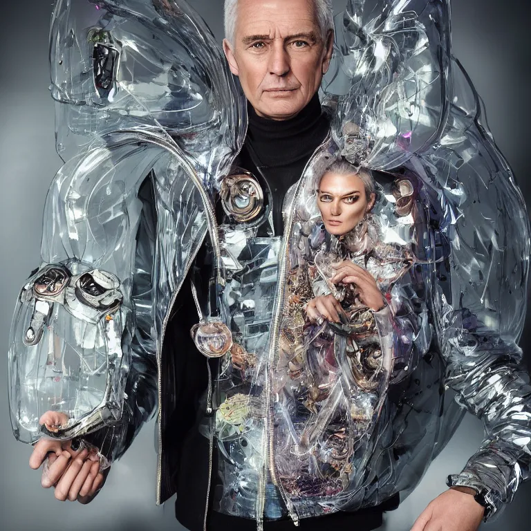 Image similar to high fashion photoshoot octane render portrait by wayne barlow and carlo crivelli and glenn fabry, a distinguished sci - fi futuristic cyborg wizard wearing a clear plastic iridescent jacket and holding a magical critter while standing inside a futuristic beautiful boutique hotel lobby, very short depth of field, bokeh