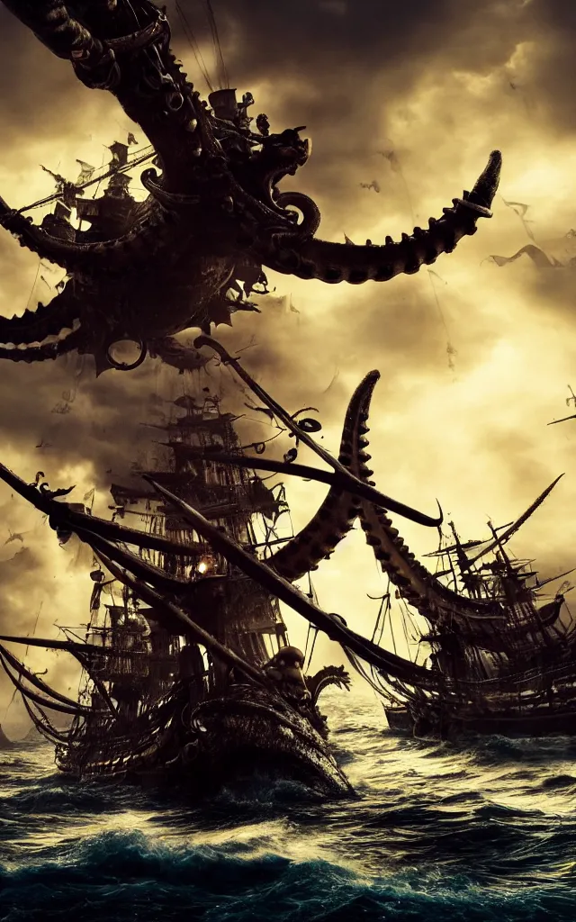 Image similar to pirates fighting kraken, cinematic atmosphere, maximized, high detail, 8k, ornate, dark fantasy, masterpiece, complex, film still from the movie directed by Denis Villeneuve