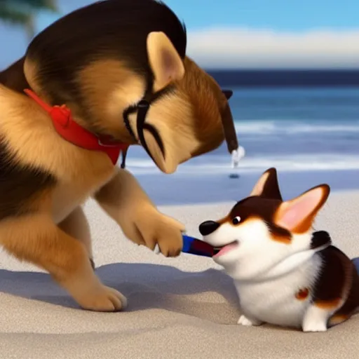 Prompt: happy corgi eating ice cream on the beach, pixar movie screenshot