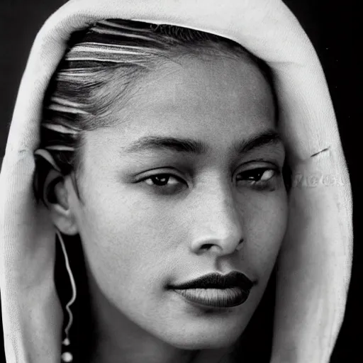 Prompt: black and white vogue closeup portrait by herb ritts of a beautiful female model, guatemalan, high contrast