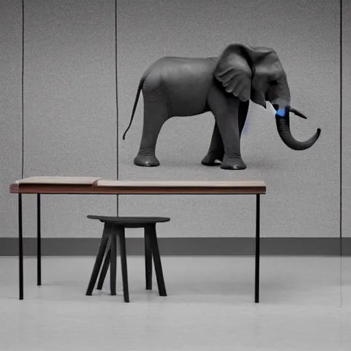 Prompt: a desk in the shape of an elephant with grey accents designed by antony gormley, advertising photography