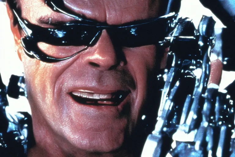 Image similar to Jack Nicholson plays Terminator, scene where his endoskeleton gets exposed, still from the film