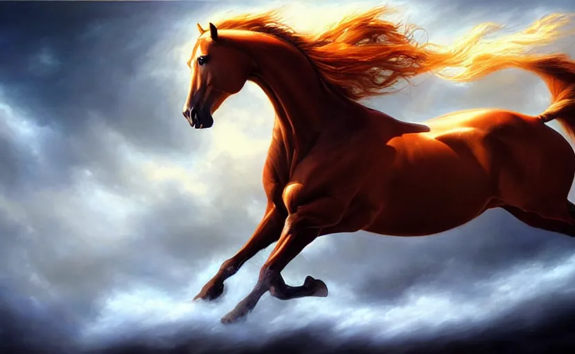 Image similar to a masterpiece oil painting of a proud horse galloping. wide angle, fantasy art, heroic lighting, by artgerm, fog, finger of god, amazing wallpaper