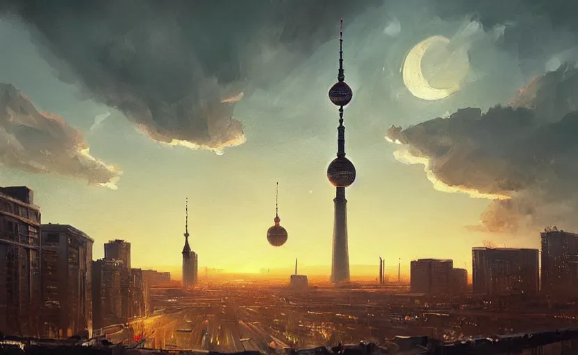 Image similar to painting of skyline of berlin with television tower at sunset, natural light, concept art, by greg rutkowski, cozy atmospheric and cinematic lighting