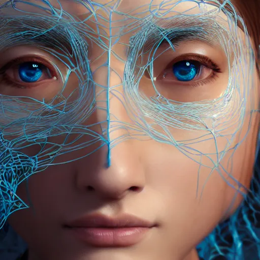 Image similar to intricate highly detailed face portrait of asian - european woman, light blue plastic vines on her face, intricate, cgsociety, unreal engine, octane render, sharp focus, smooth, volumetric lighting, cinematic composition, artstation