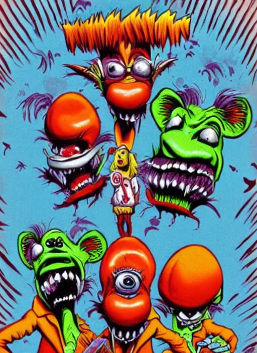 Prompt: illustration of Killer Klowns from outer space by Ed Roth, rat fink style, detailed