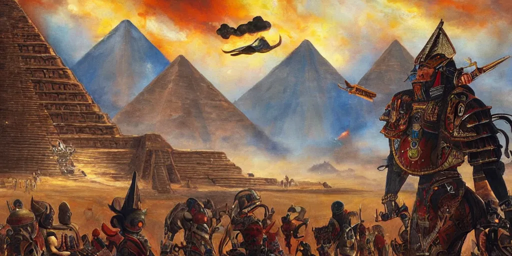 Prompt: simonetti rutkowski epic painting aztec warrior watching spaceship starship in the sky, background is mesoamerican pyramid