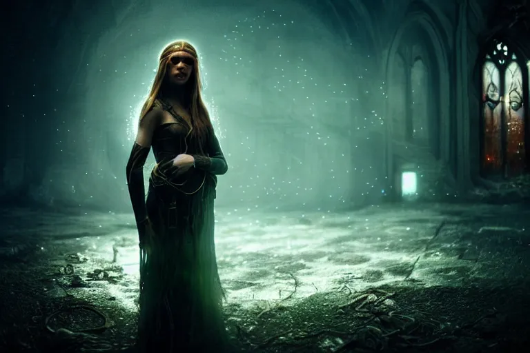 Image similar to an ultra realistic, cinematic, fantasy, portrait, of an elden ring elf, fairy lights, facial features, stood outside an abandoned church, with futuristic buildings and neon signs, detailed, deep focus, movie still, dramatic lighting, ray tracing, by michal karcz and zack snyder