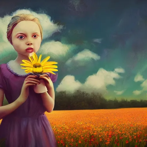 Image similar to daisy flower for a face, portrait of girl in flower field, holding daisy, surreal photography, sunrise, impressionist painting, colorful clouds, digital painting, artstation, simon stalenhag, flower face