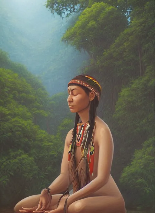 Prompt: a realistic painting of an indigenous woman meditating near a river in the amazon jungle, highly detailed, trending on devian art, art by christophe vacher