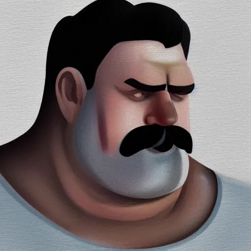 Prompt: face portrait a big beefy man with a large face, thick dark hair, a bushy black moustache, shaved beard, with hardly any neck and mean little eyes, highly detailed, sharp focus, trending on art station, colourful drawing