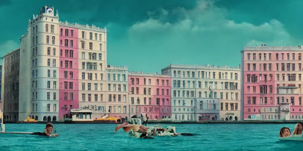 Image similar to a very high resolution image from a new movie, upside - down building, beautiful scenery, photorealistic, photography, directed by wes anderson