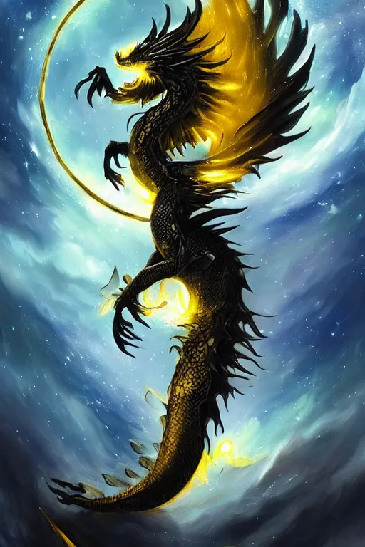 Prompt: a fantasy black dragon constellation with straight lines of light and petals flying, a halo around its head, bright blue eyes and intricate golden horns, in a galaxy of white clouds and constellations, by Anato Finnstark and Seb Mckinnon, fantasy art, trending on Artstation