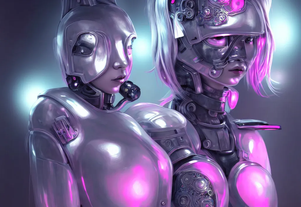 Prompt: portrait grey pink hair futuristic armor police girl, metallic black and little yellow color uniform, at cyberpunk lights shibuya japan reflected night, ssci - fi, neon light and fantasy, intricate and beautiful, highly detailed, cyber concept art, digital painitng, artstation, smooth and sharp focus, illustration, art by tian zi and wlop and alphonse mucha