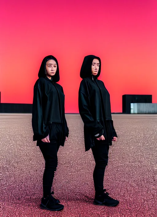 Image similar to cinestill 5 0 d photograph of 2 women wearing black techwear in front of a brutalist sharp - edged metal building, closeup, on a desolate plain, red glitter sky, sigma 8 5 mm f / 1. 4, 4 k, depth of field, high resolution, highly detailed, 4 k, 8 k, hd, full color, raw