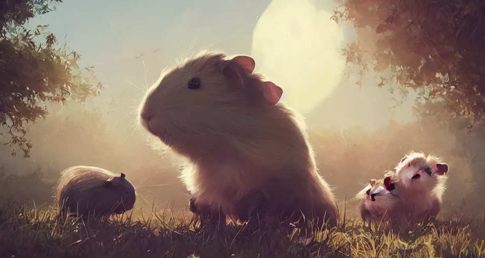 Image similar to a realistic cute guineapigs everywhere, by simon stalenhag, frank frazetta, greg rutkowski, beeple, yoko taro, christian macnevin, beeple, epic fantasy character art, volumetric outdoor lighting, midday, high fantasy, cgsociety, cheerful colours, full length, exquisite detail, post - processing, masterpiece, cinematic