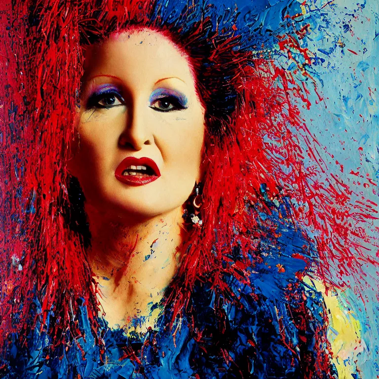 Image similar to close up studio portrait of Cindy Lauper wearing an Issey Miyake dress in 1985, impasto heavy brushstrokes oil painting by Norman Rockwell and Tim Hawkinson and Cy Twombly, Intense colors trending on artstation dramatic lighting Expressionism