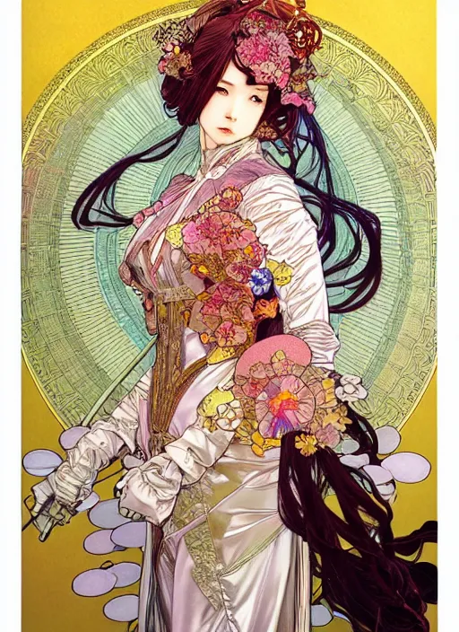 Image similar to highly detailed artgerm artstation minaba hideo fantastic fate katsuhiro otomo manga poster of dressed princess mechine, minaba hideo, alphonse mucha, long hair, armor, laces, ruffles, 8 k, fluorescent, maximalist, jump comics, art nouveau, takato yamamoto