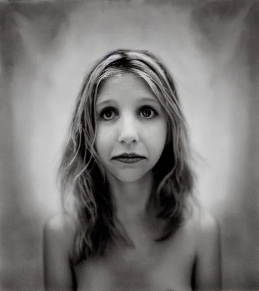 Image similar to award winning photo of Sarah Chalke, symmetrical face by Sally Mann