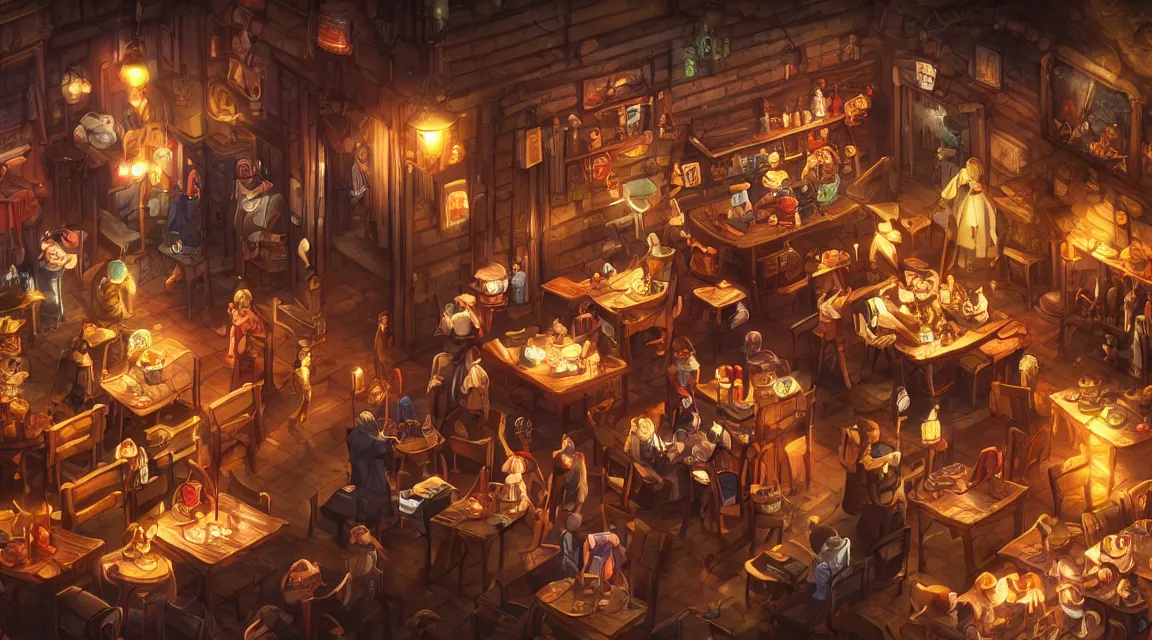 Prompt: A multidimensional cozy tavern, screenshot from anime hidden object game, cinematic lighting, epic composition, cartoon, animation, background art, post processing, 8K resolution