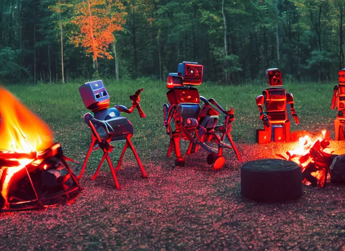 Image similar to 3 artistic robots sitting around a campfire, robots, campfire, chill, campfire song, robots, sitting in a circle