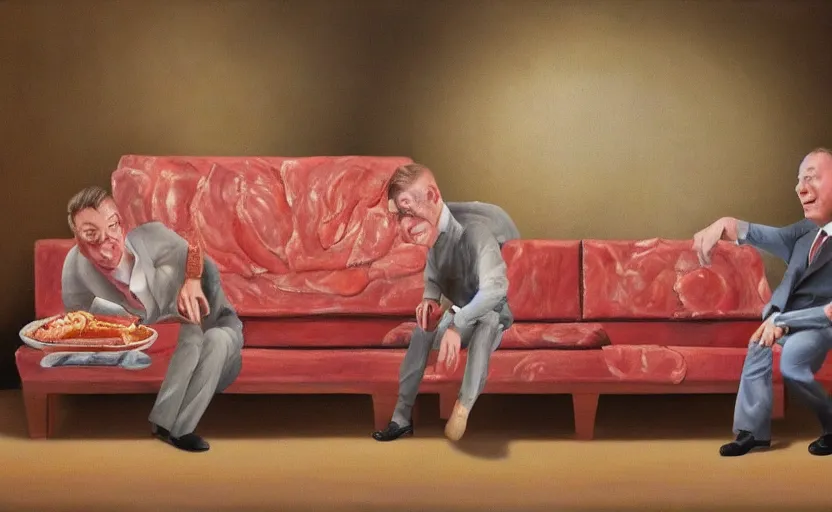 Image similar to realistic painting of couch made out of meat, business men sitting on couch made out of meat and talking,