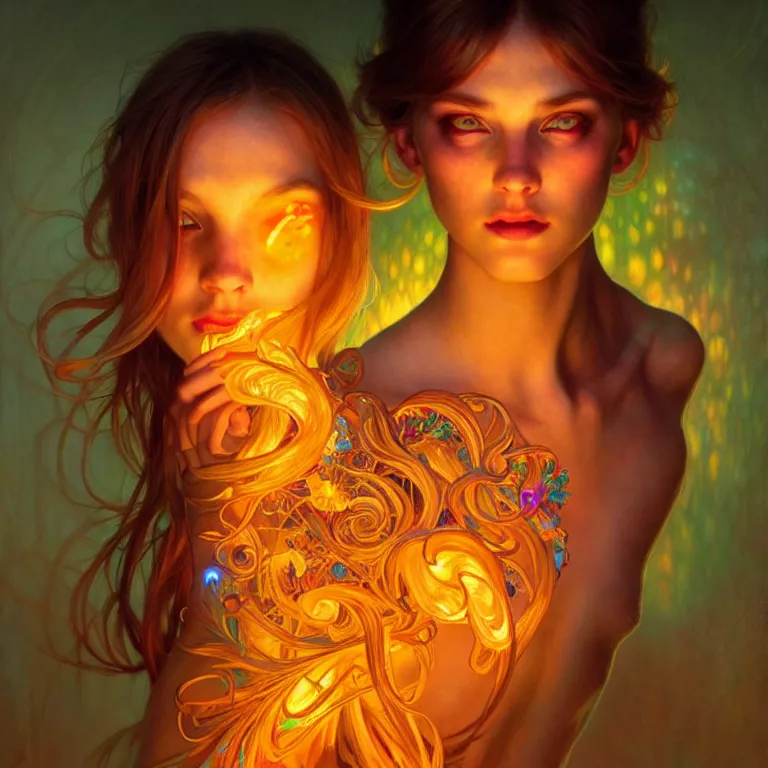 Image similar to bright asthetic portrait LSD glowing backlit, fantasy, intricate, elegant, dramatic lighting, highly detailed, lifelike, photorealistic, digital painting, artstation, illustration, concept art, smooth, sharp focus, art by John Collier and Albert Aublet and Krenz Cushart and Artem Demura and Alphonse Mucha