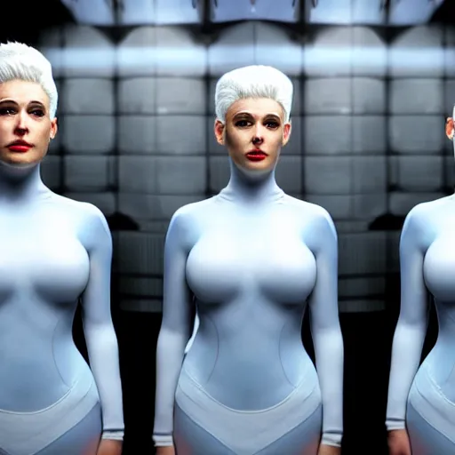 Image similar to troop of freak show women with white hair, white hair, tight light blue neopren suits, futuristic production facility, sci - fi, highly detailed, cinematic