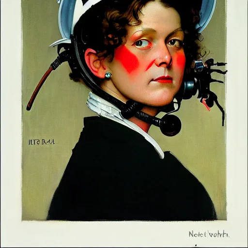 Prompt: Face portrait of a tech witch. Painting by Norman Rockwell.