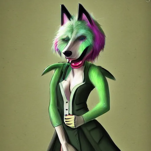 Image similar to Beautiful digital painting of an anthro anthropomorphic pastel-green wolf, Punk outfit. cute