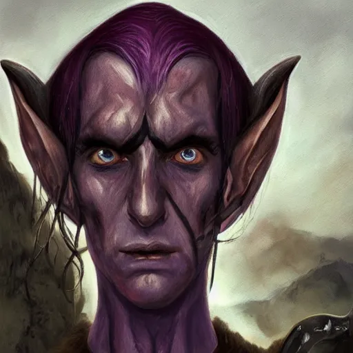 Image similar to oil painting a medieval fantasy tolkien elf, dark purplish hair tucked behind ears, wearing leather with a fur lined collar, wide face, muscular build, scar across the nose, cinematic, character art, l, detailed.