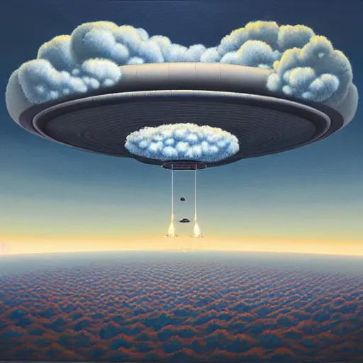 Image similar to prompt : big alien spaceship shaped like cloud hanging above city by jeffrey smith, oil on canvas