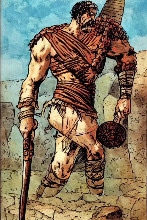 Image similar to ancient historically accurate depiction of the Bible Character Goliath of Gath, the Philistine warrior giant by frank miller