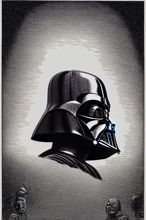 Image similar to sideview waist up portrait of darth vader by laurie greasley and rene magritte, etching by gustave dore, intricate, sharp focus, illustration, highly detailed, digital painting, concept art, masterpiece