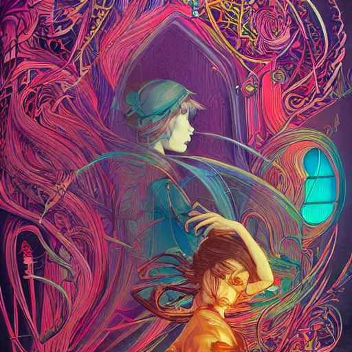 Image similar to the beautiful artist, an ultrafine detailed illustration by james jean, final fantasy, intricate linework, bright colors, behance contest winner, vanitas, angular, altermodern, unreal engine 5 highly rendered, global illumination, radiant light, detailed and intricate environment