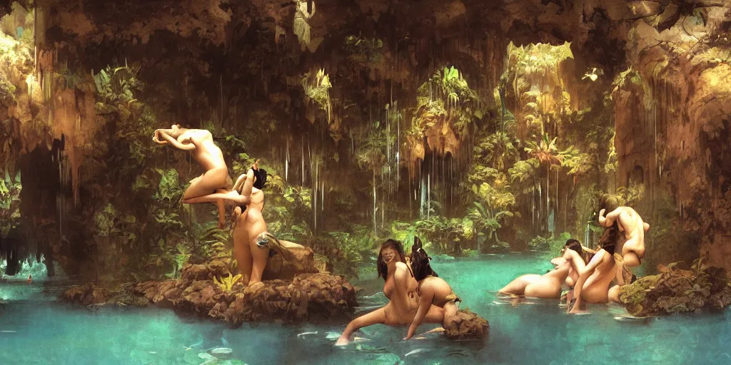 Prompt: a tropical cave that renovate as a luxury interior as several beautiful women bathe in the waters surrounding a muscled adventurer by syd mead, frank frazetta, ken kelly, simon bisley, richard corben, william - adolphe bouguereau, detailed concept art