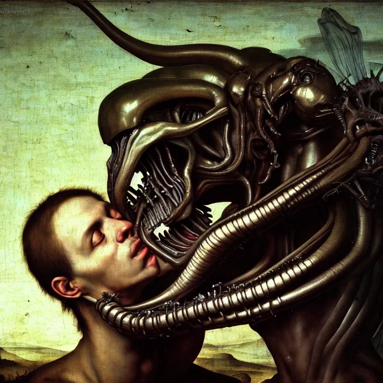 Image similar to portrait of a beautiful man kissing xenomorph by hieronymus bosch, soft bloom lucid dream - like ethereal dark atmosphere, baroque portrait painting, perfect composition, intricate detailed octane render trending on artstation, 8 k artistic photography, volumetric cinematic perfect light, chiaroscuro, masterpiece, raphael, caravaggio, rutkowski, beeple, beksinski