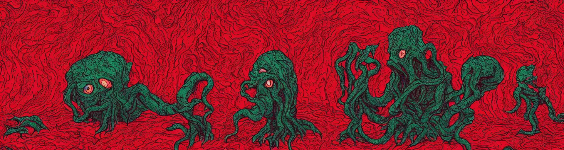 Prompt: shape-shifting Cthulhu lost inside the red room from Twin Peaks while David Lynch laughs in the background, fractal tile, Bob, mike judge art style, 90s mtv illustration